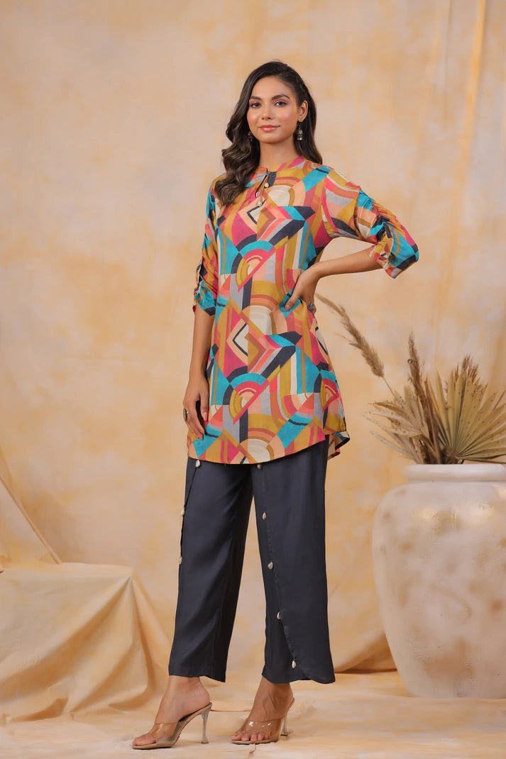 Abstract Printed Co - ord Set with Bottom Detailing - Qurbat