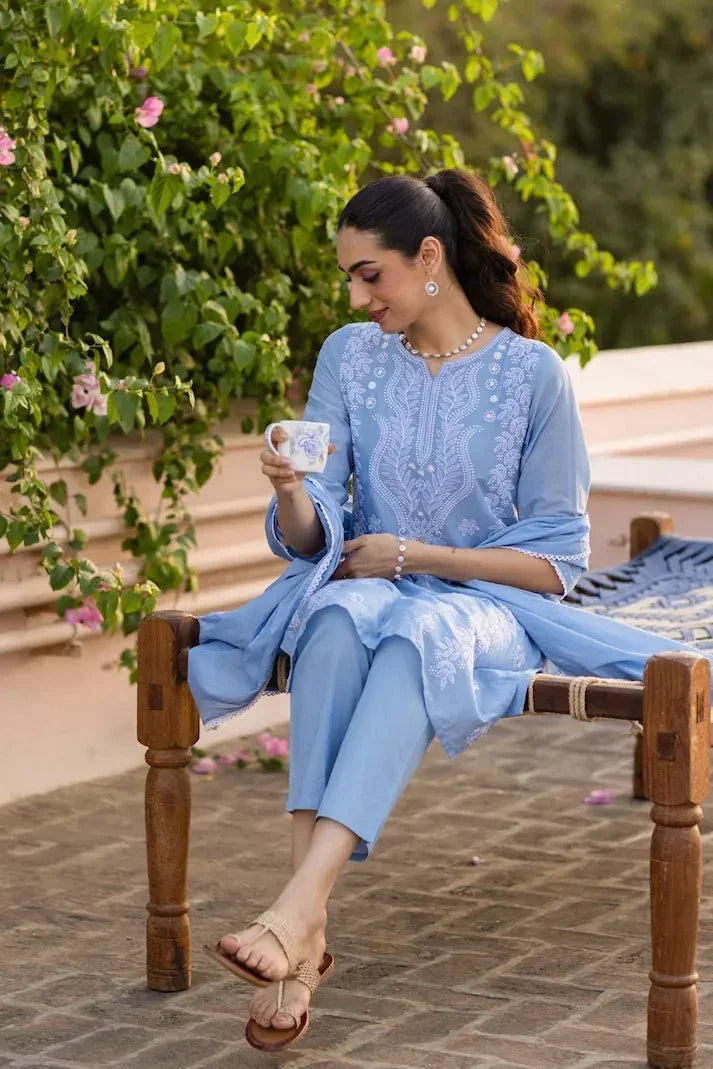 Azure Bloom Chikankari Suit Set - Qurbat