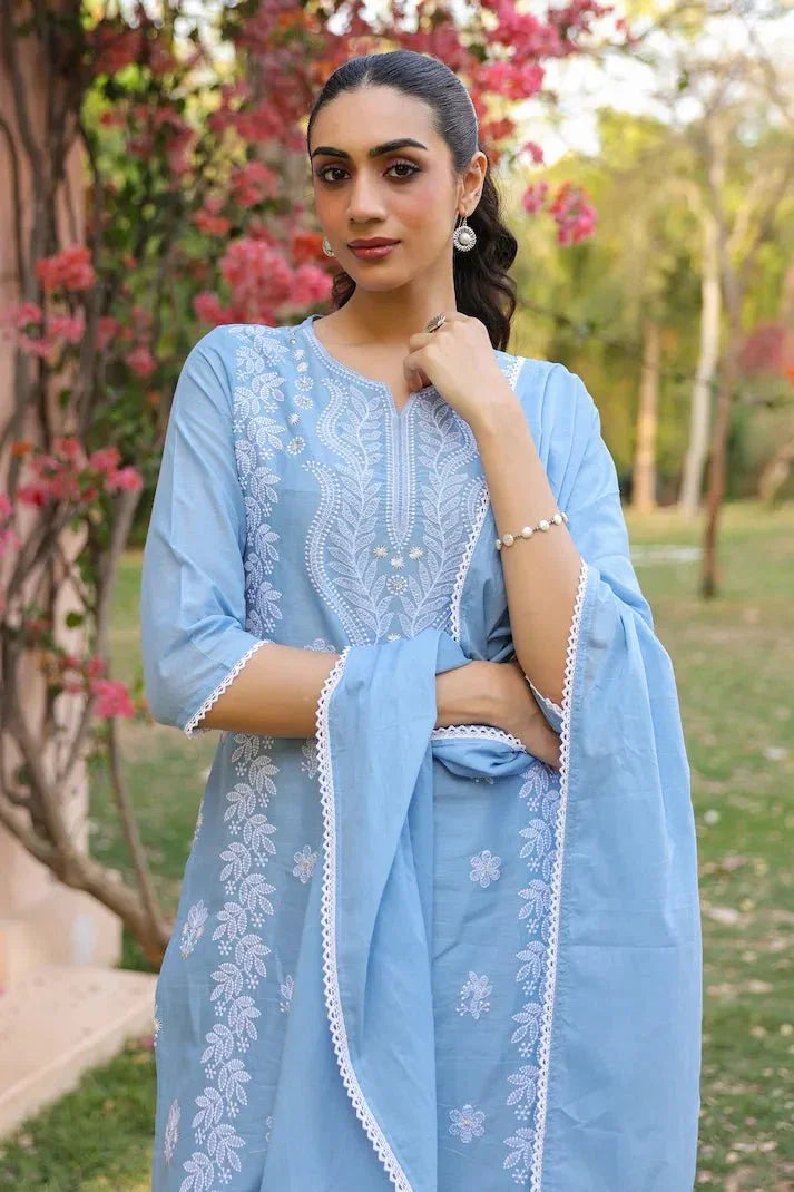 Azure Bloom Chikankari Suit Set - Qurbat