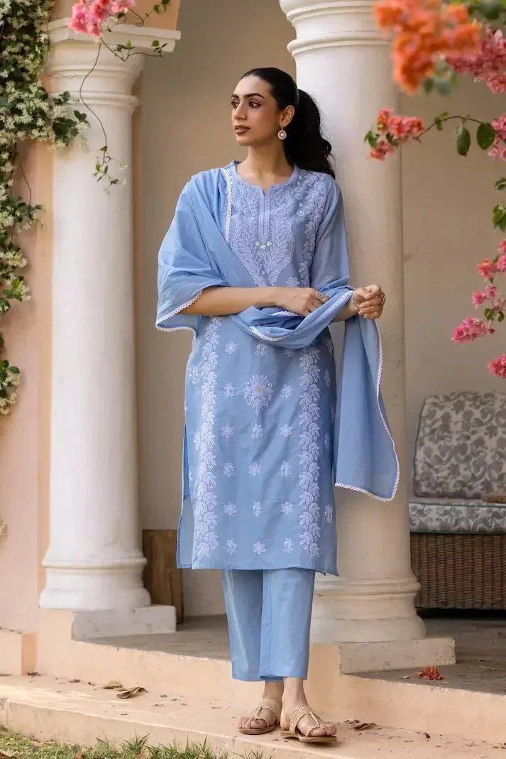 Azure Bloom Chikankari Suit Set - Qurbat