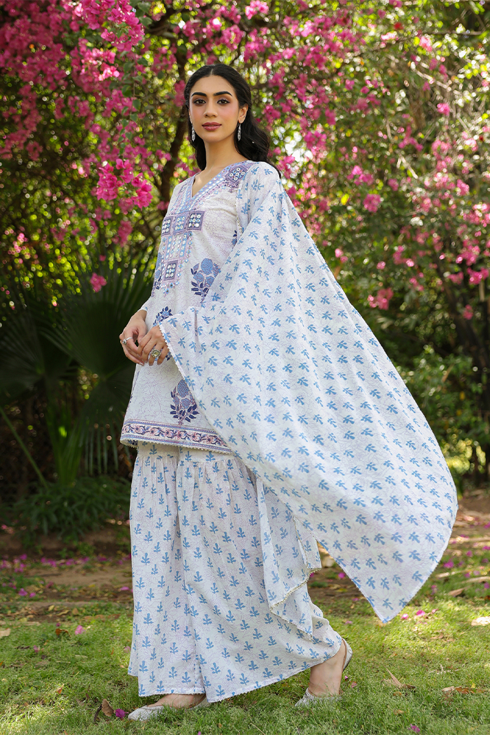 Blue Floral Printed Cotton Suit Set with Mirror Embroidery