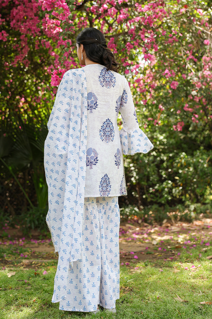 Blue Floral Printed Cotton Suit Set with Mirror Embroidery