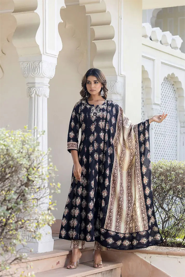 Black Anarkali Cotton Kurta Set with Embroidered Yoke & Printed Dupatta β 3 Piece Set