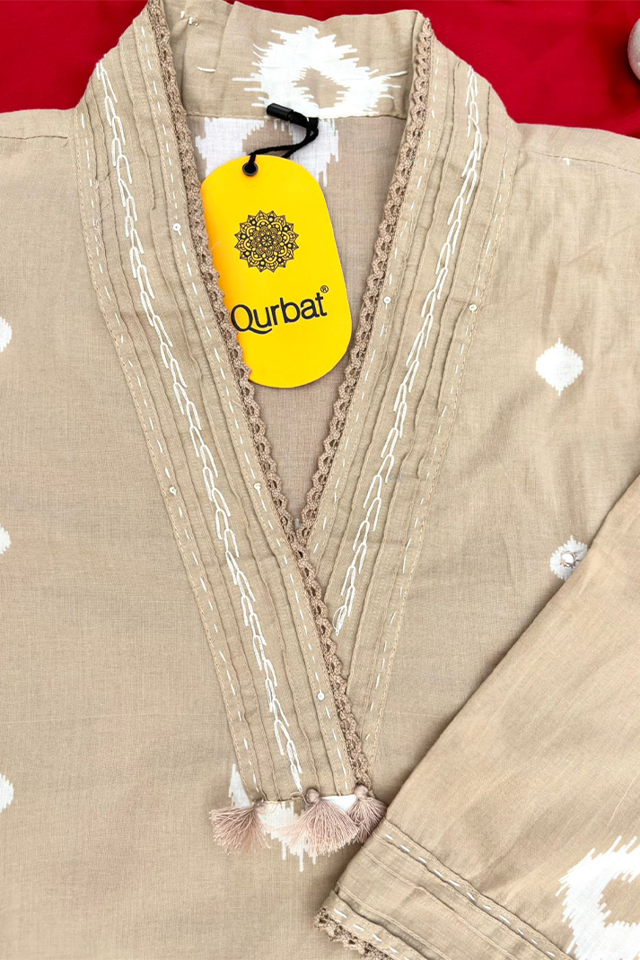 Beige Ikat Cotton Suit Set with Mulmul Dupatta – 3 Piece Elegant Ethnic Wear