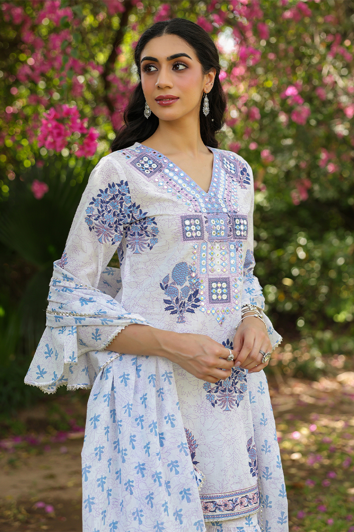 Blue Floral Printed Cotton Suit Set with Mirror Embroidery