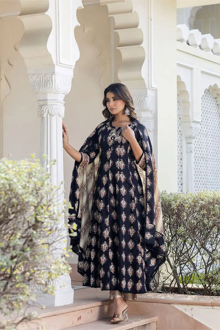 Black Anarkali Cotton Kurta Set with Embroidered Yoke & Printed Dupatta β 3 Piece Set