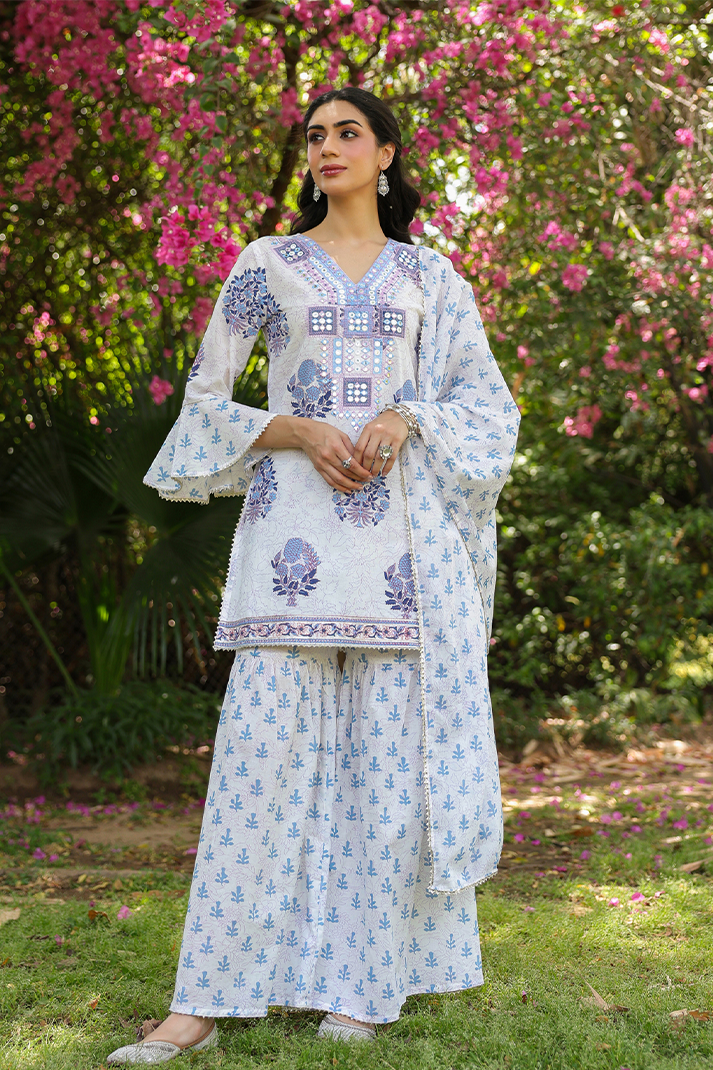 Blue Floral Printed Cotton Suit Set with Mirror Embroidery