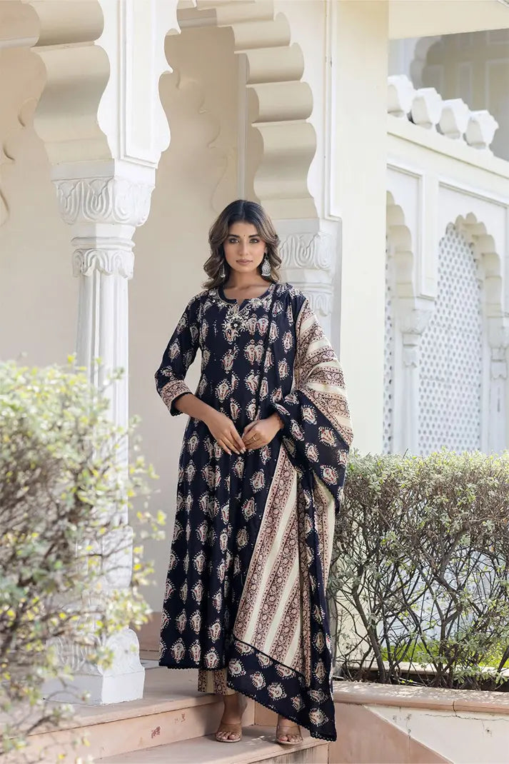Black Anarkali Cotton Kurta Set with Embroidered Yoke & Printed Dupatta β 3 Piece Set