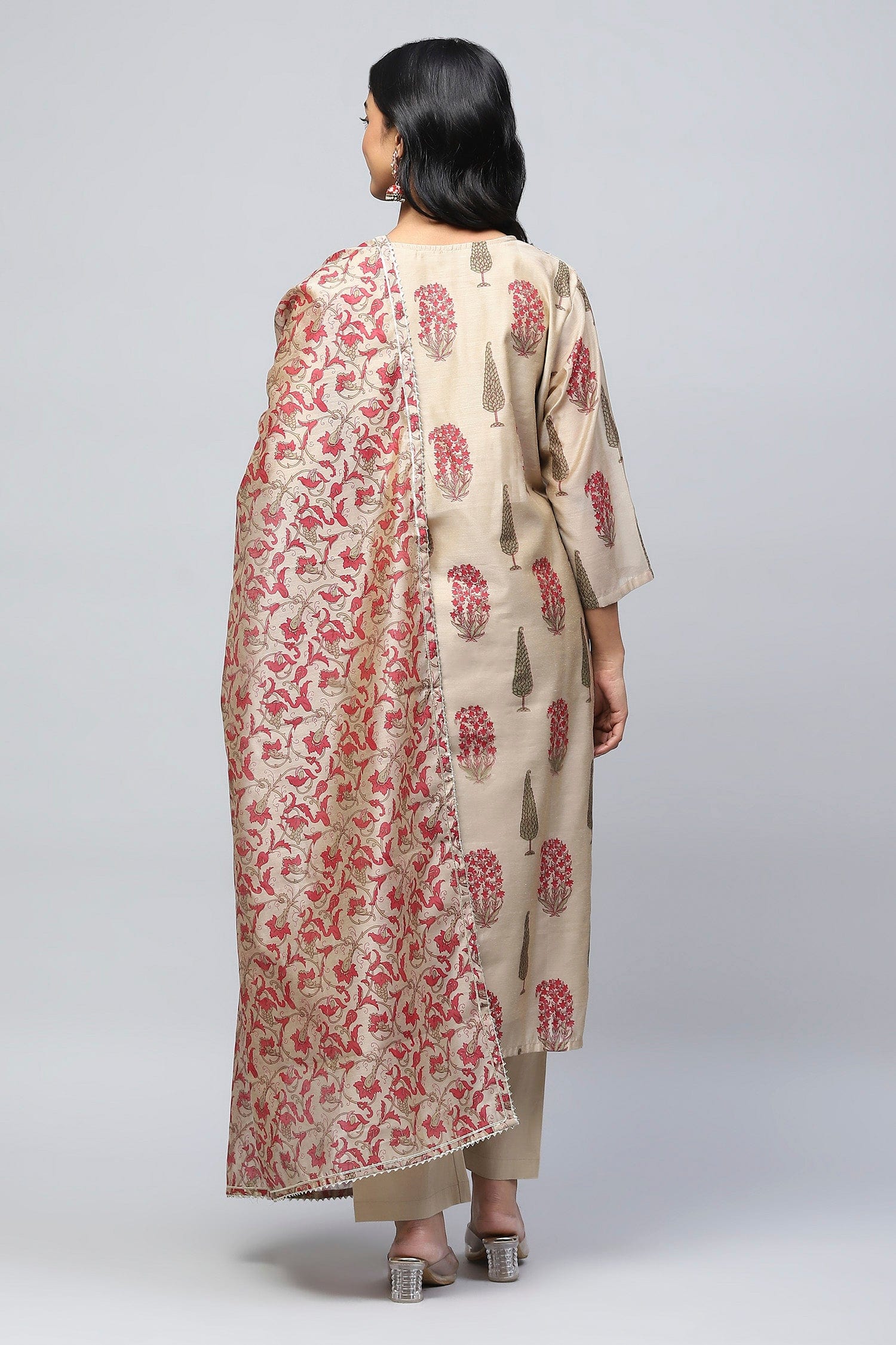 Beige Printed Suit Set with Mirror Work Embroidery for Women - Qurbat