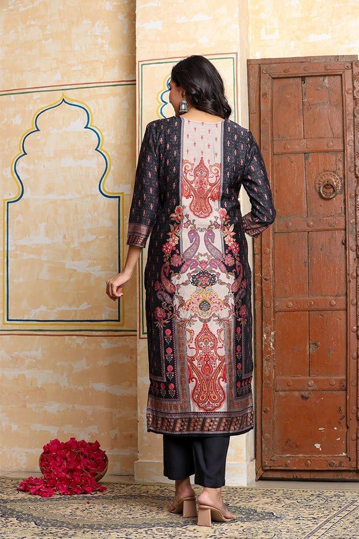 Black & Beige Ethnic Motif Printed Kurta Set with Embellished Neckline - Qurbat