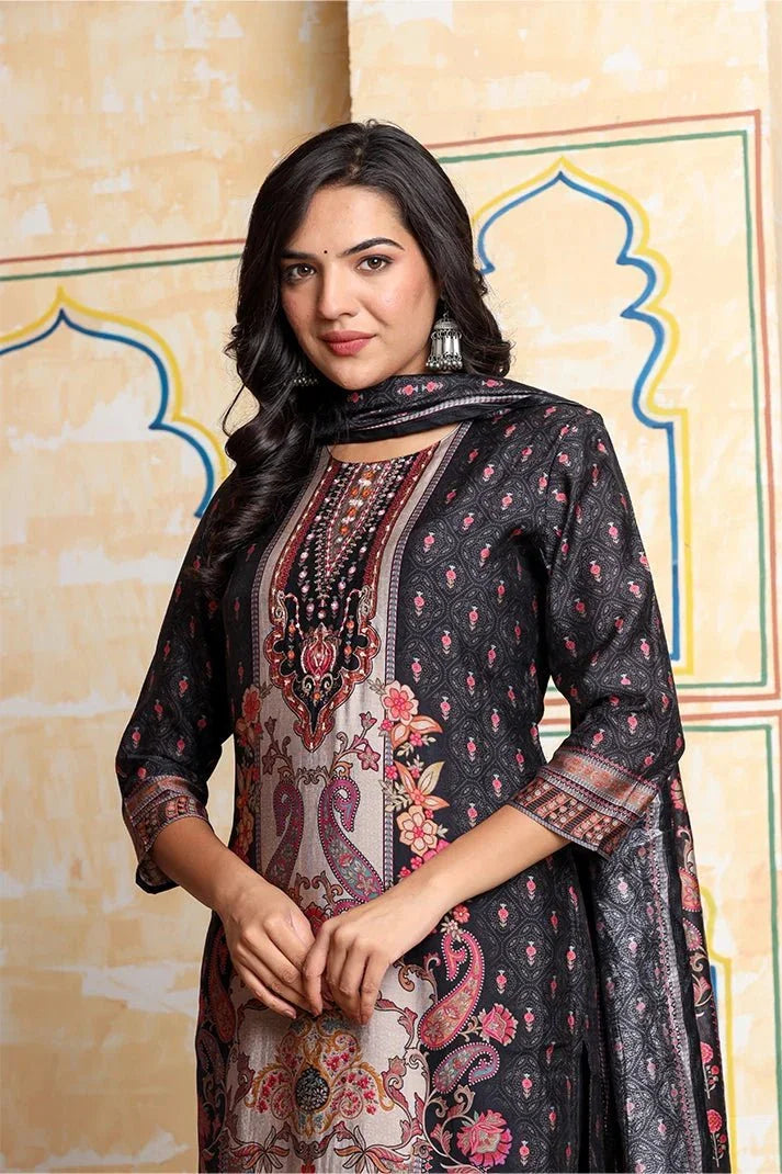 Black & Beige Ethnic Motif Printed Kurta Set with Embellished Neckline - Qurbat