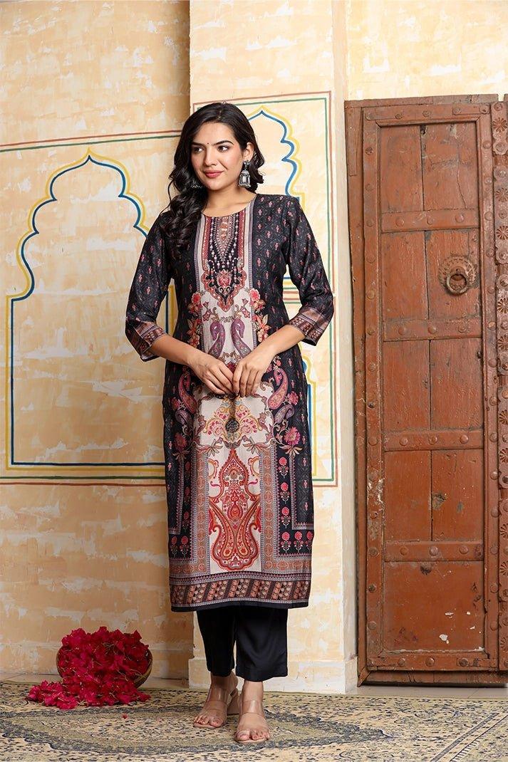 Black & Beige Ethnic Motif Printed Kurta Set with Embellished Neckline - Qurbat