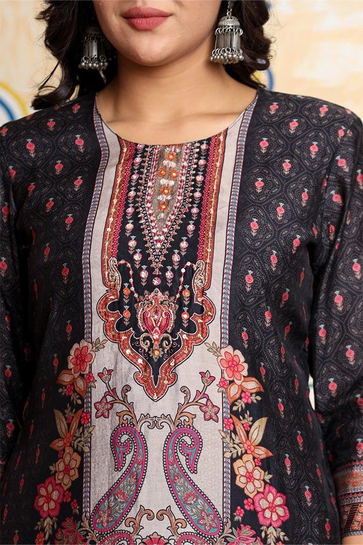 Black & Beige Ethnic Motif Printed Kurta Set with Embellished Neckline - Qurbat