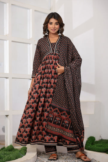 Black Printed Cotton Suit Set - Qurbat