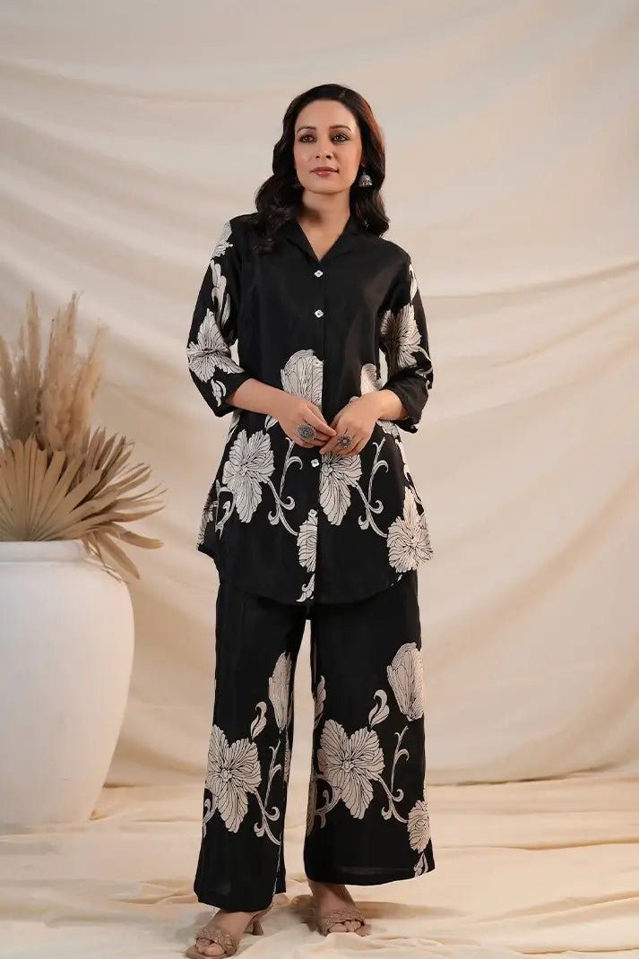Black Silk Digital Printed Co - ord Set - Qurbat