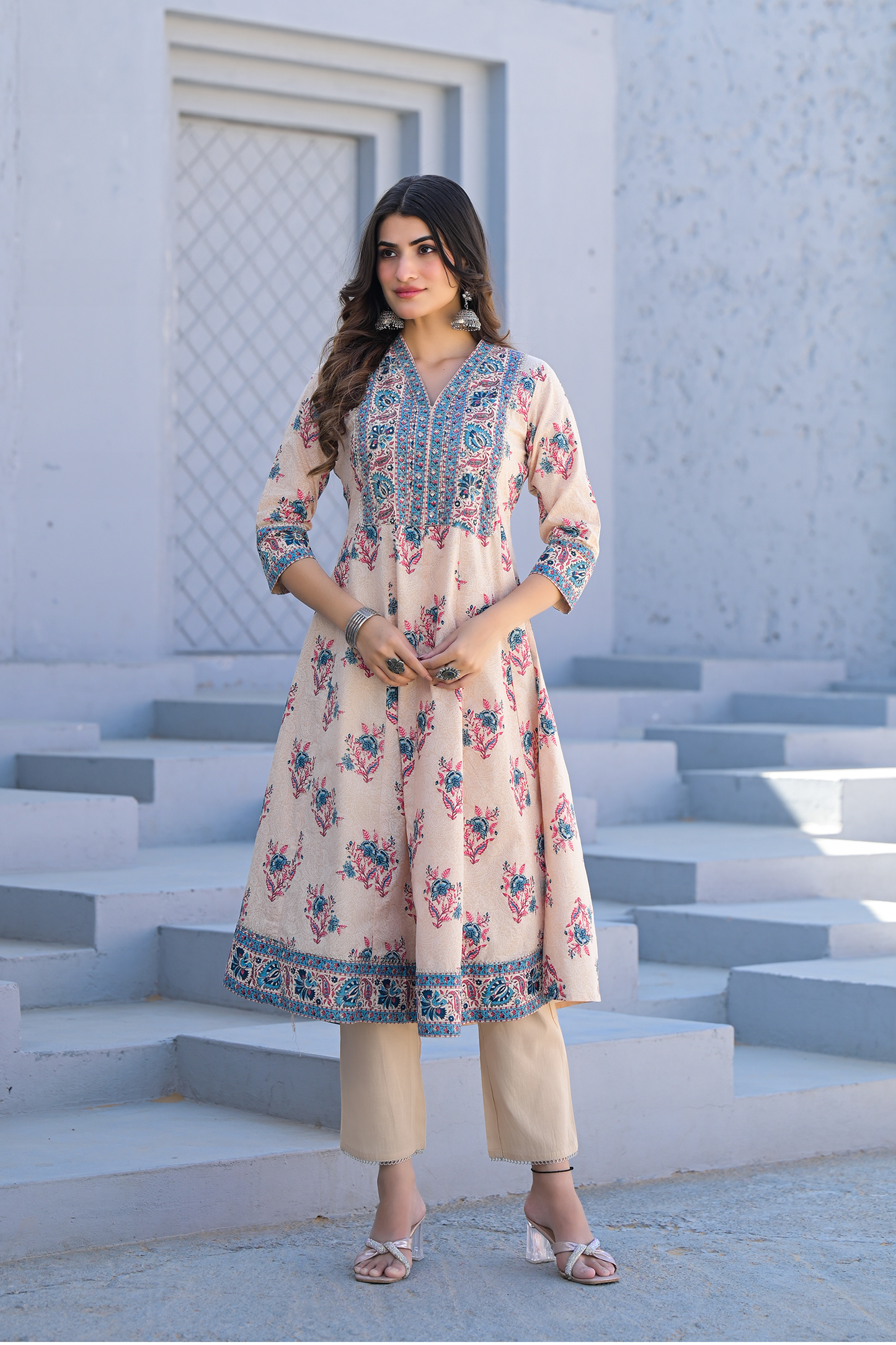 Ivory Bloom Printed Anarkali Suit Set