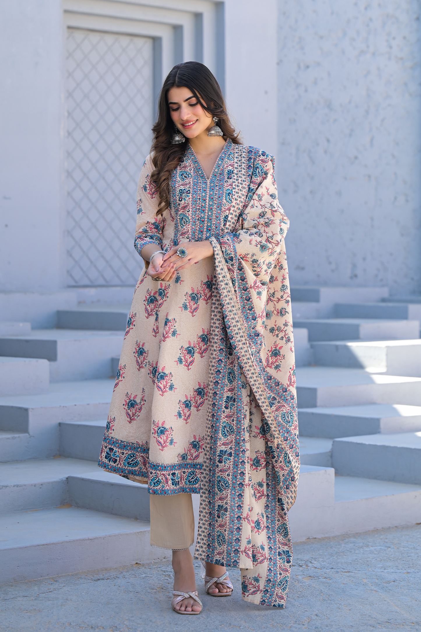 Ivory Bloom Printed Anarkali Suit Set
