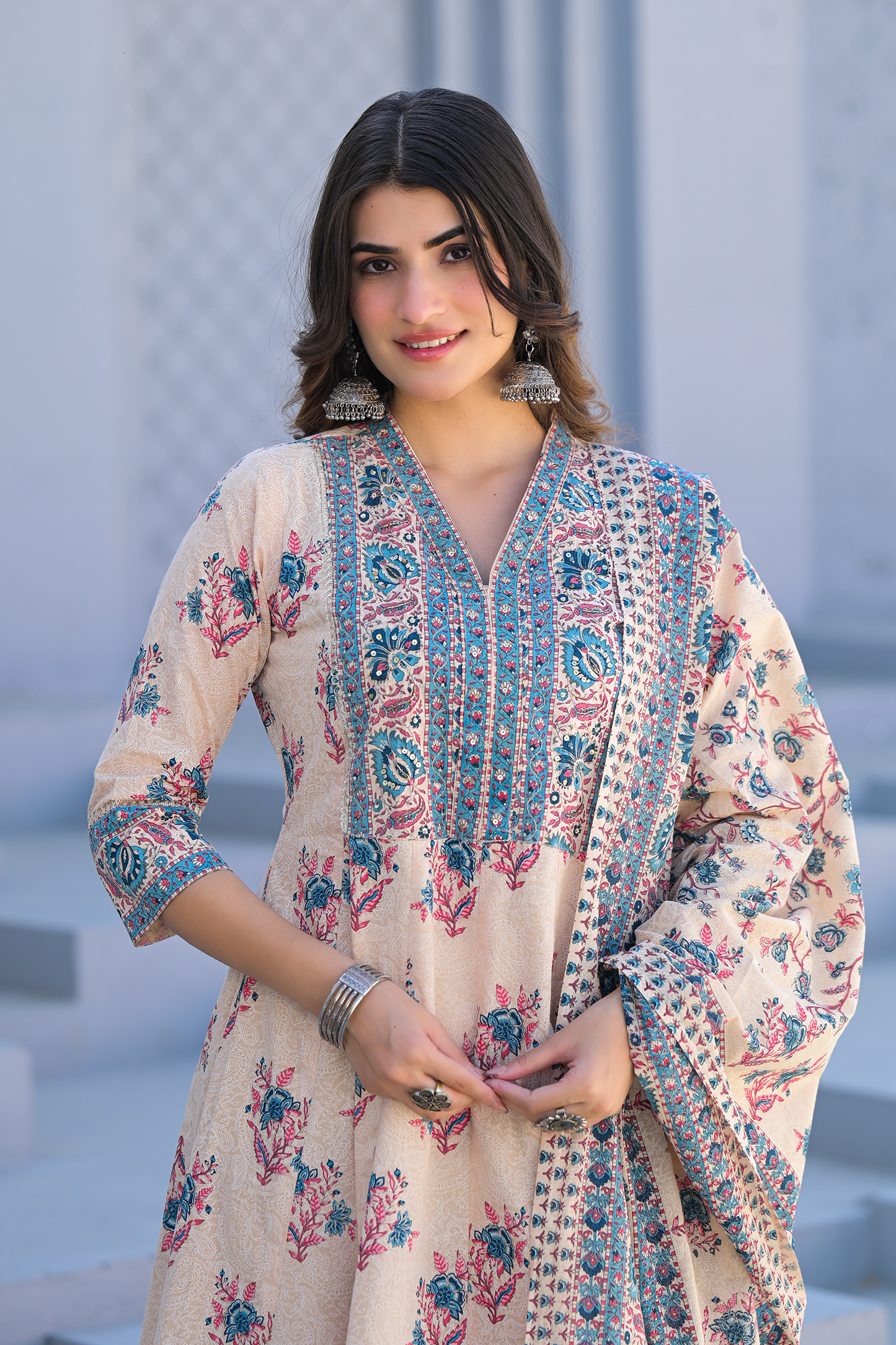 Ivory Bloom Printed Anarkali Suit Set