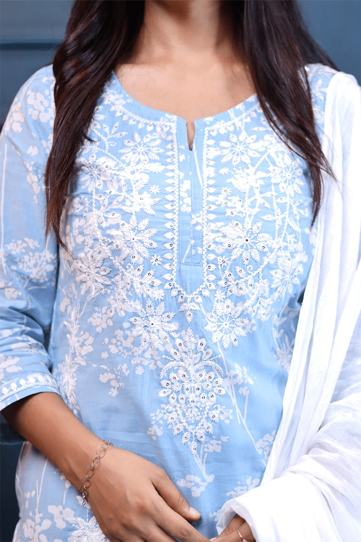 Blue Cotton Kurta Set with White Floral Embroidery & Dip - Dye Dupatta – 3 Piece Set - Qurbat