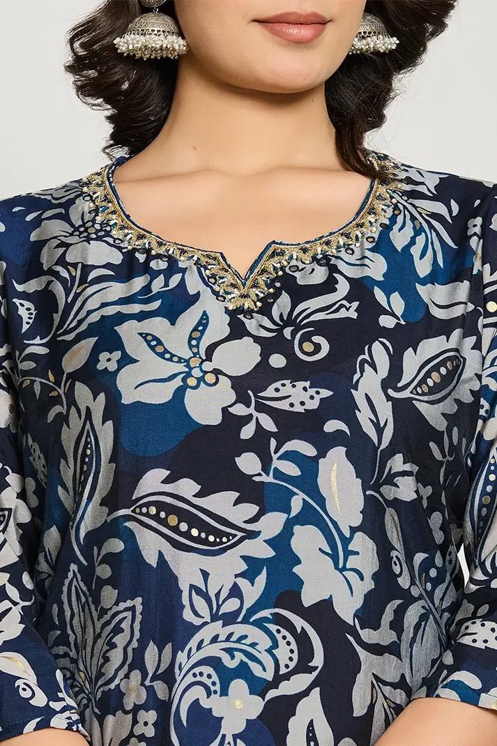 Blue Floral Printed 3 - Piece Suit with Embroidered Neckline - Qurbat