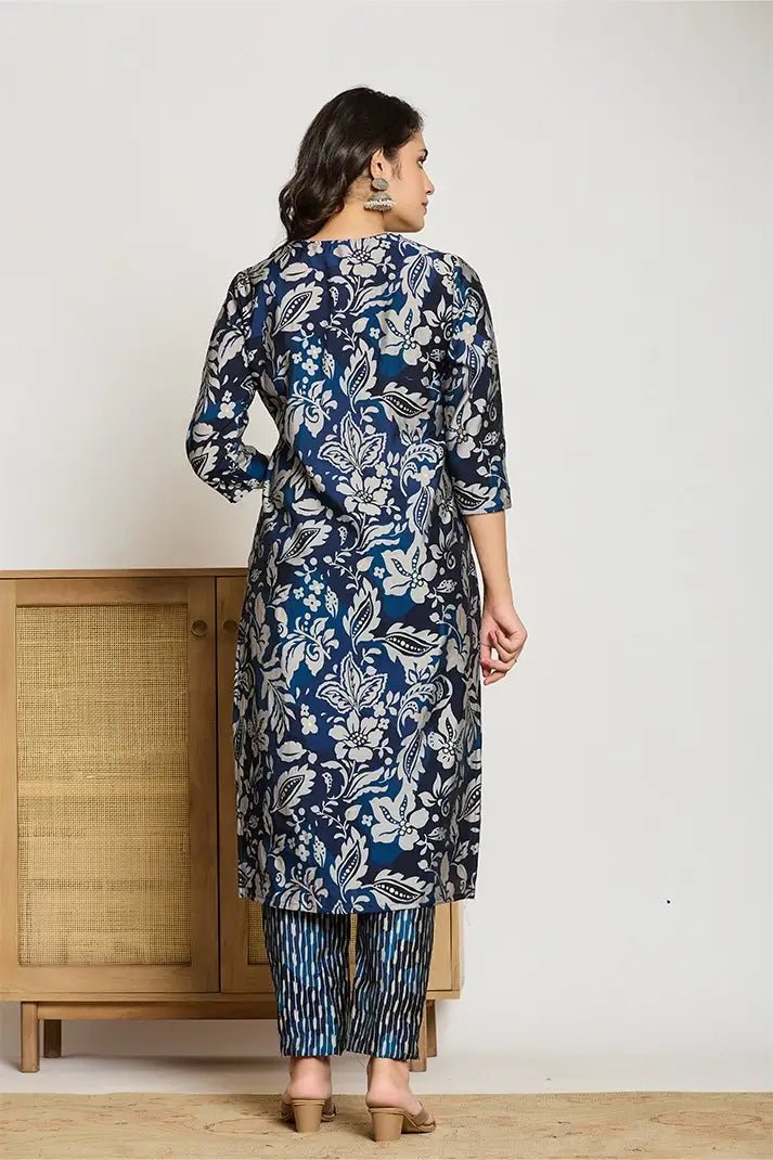 Blue Floral Printed 3 - Piece Suit with Embroidered Neckline - Qurbat