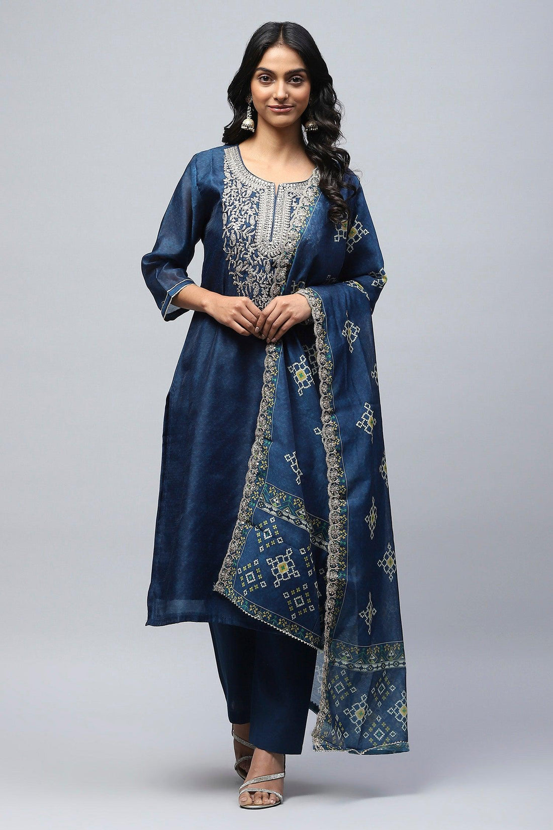 Blue Printed Suit Set for Women with Zari Embroidery - Qurbat