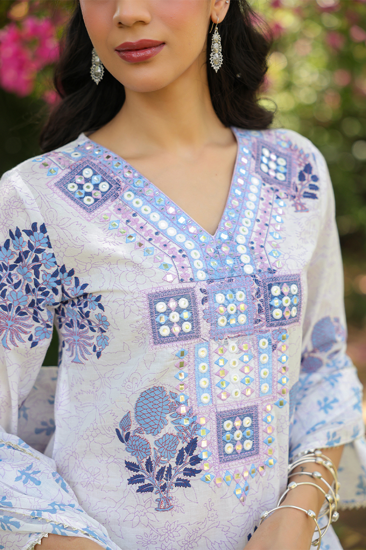 Blue Floral Printed Cotton Suit Set with Mirror Embroidery
