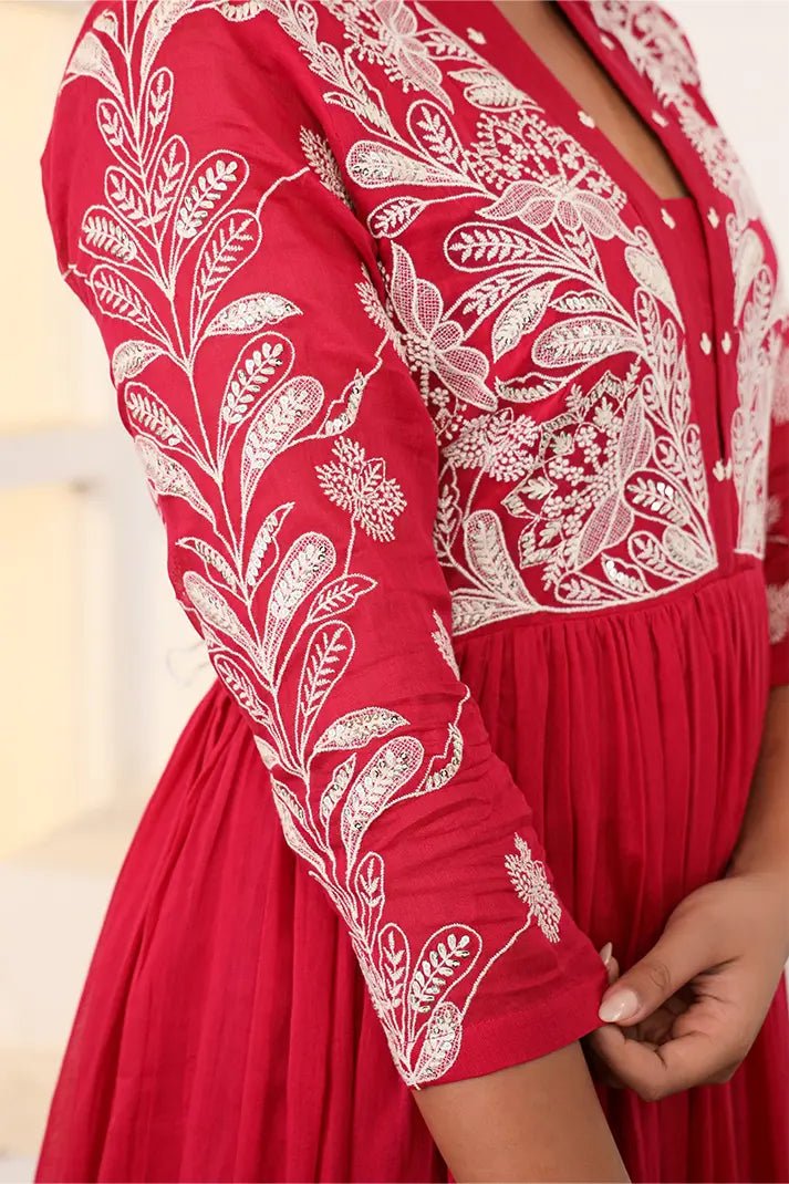 Crimson Red Embroidered Anarkali Suit Set with Dupatta - Qurbat