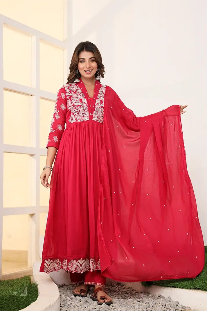 Crimson Red Embroidered Anarkali Suit Set with Dupatta - Qurbat