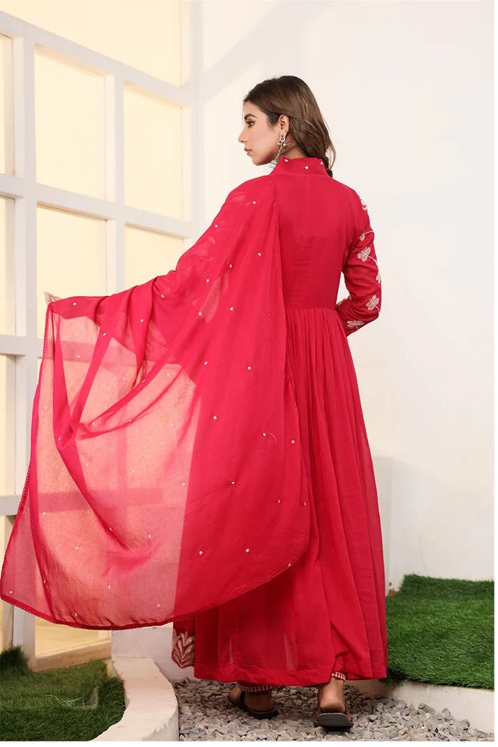 Crimson Red Embroidered Anarkali Suit Set with Dupatta - Qurbat
