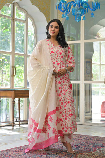 Elegant Floral Cotton 3 - Piece Suit Set - Qurbat