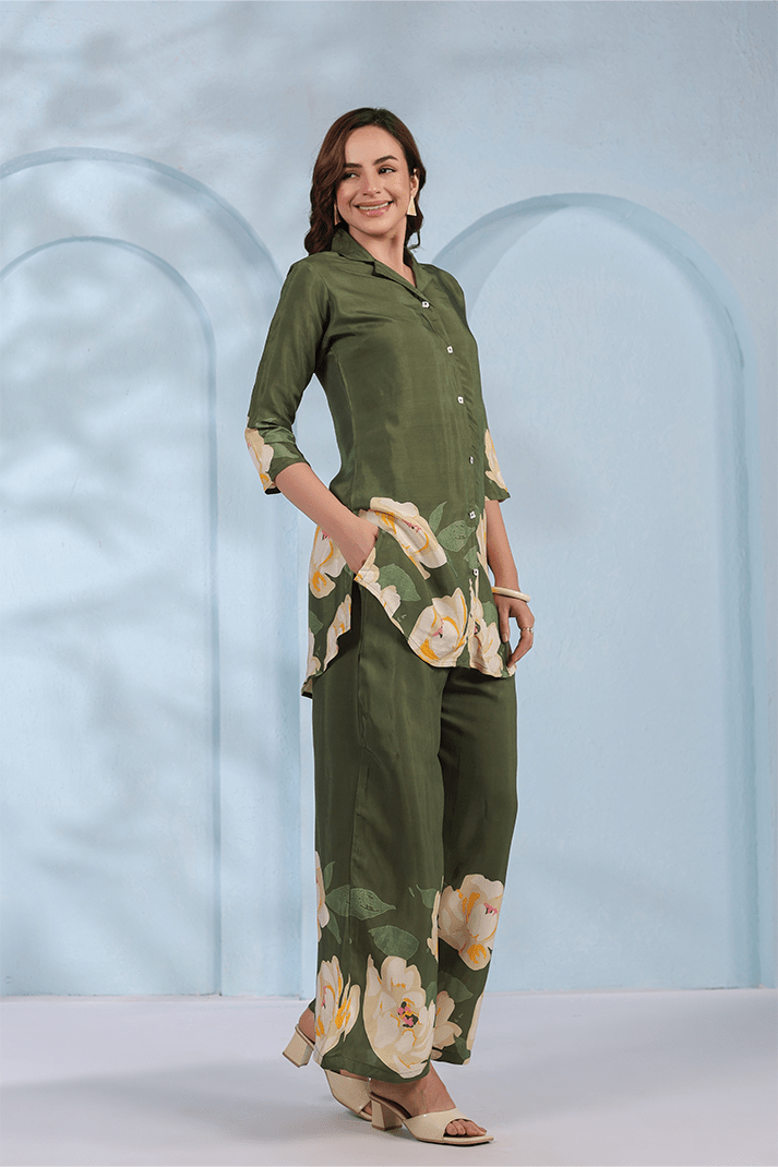 Elegant Olive Green Floral Co - Ord Set - Qurbat