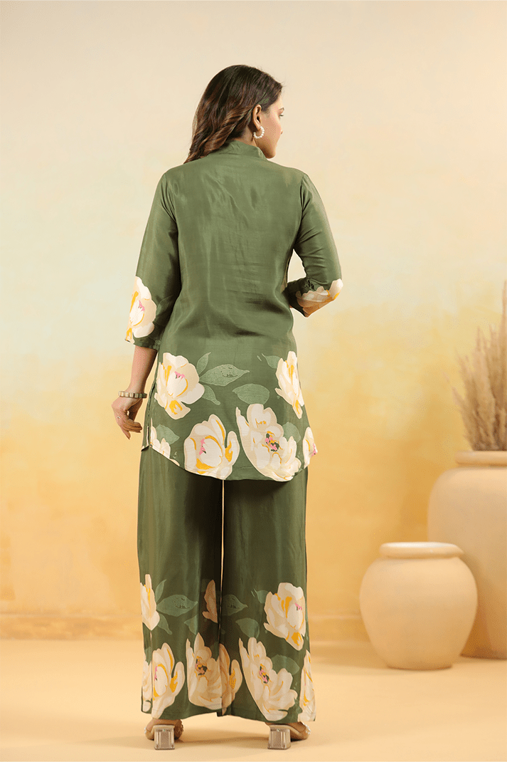 Elegant Olive Green Floral Co - Ord Set - Qurbat