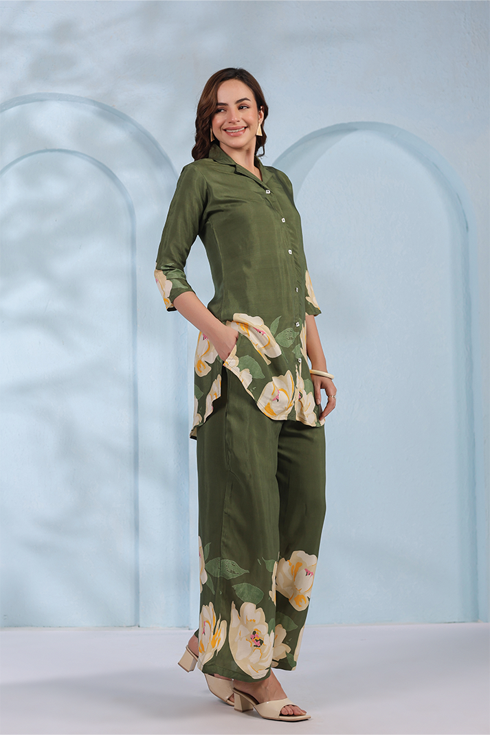 Elegant Olive Green Floral Co-Ord Set