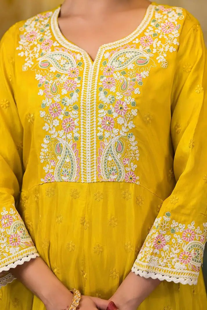 Golden Paisley Embroidered Anarkali Suit Set - Qurbat