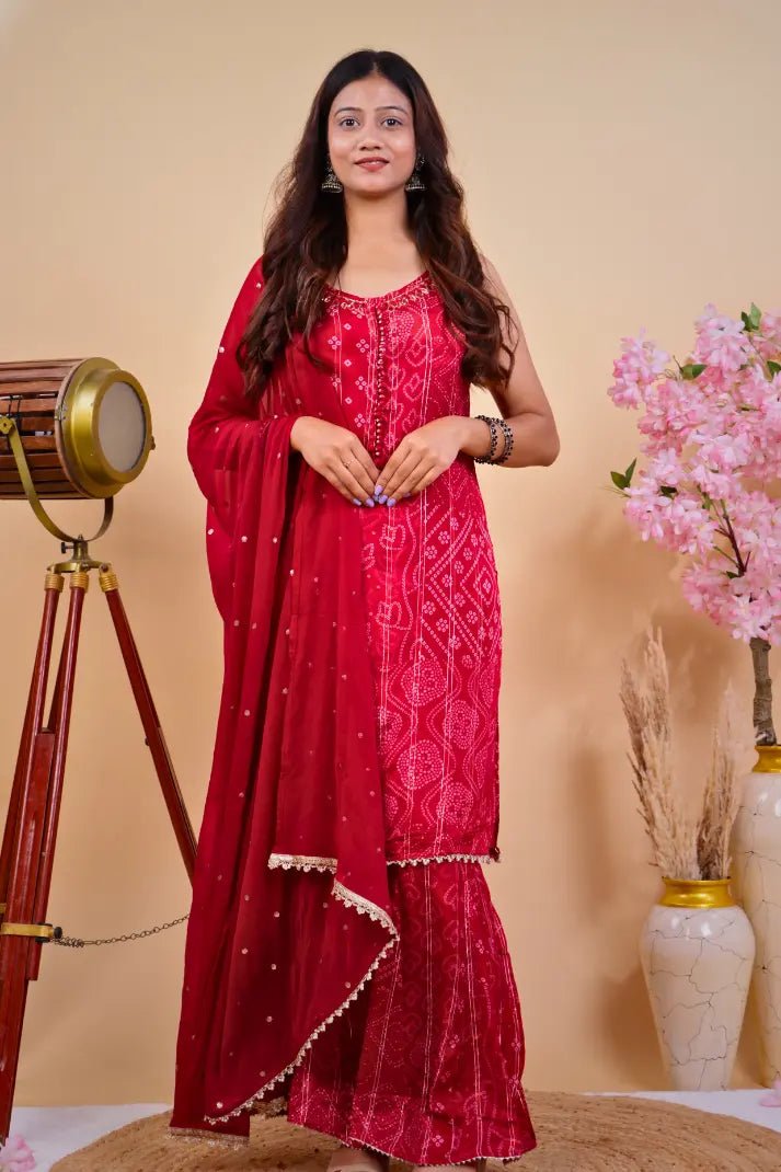 Graceful Bandhani Kurta with Sharara & Dupatta - Qurbat