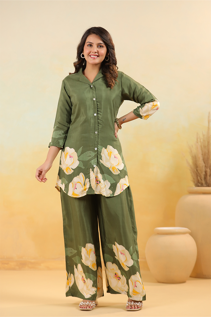 Elegant Olive Green Floral Co-Ord Set