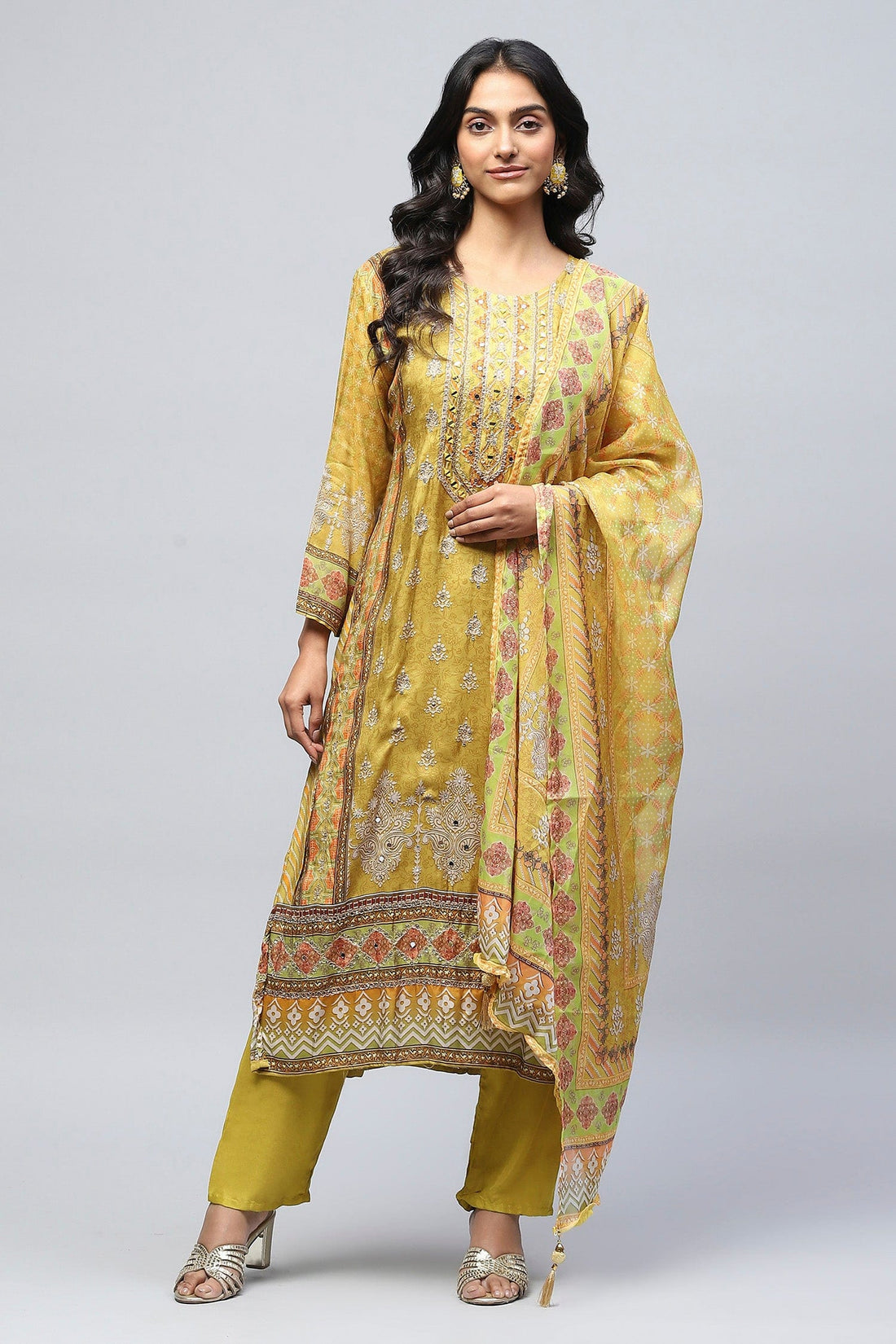 Green Crepe Printed Suit Set for Women with Hand Embroidery - Qurbat
