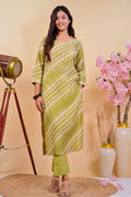 Green Striped Embroidered 2 - piece Kurta Set - Qurbat