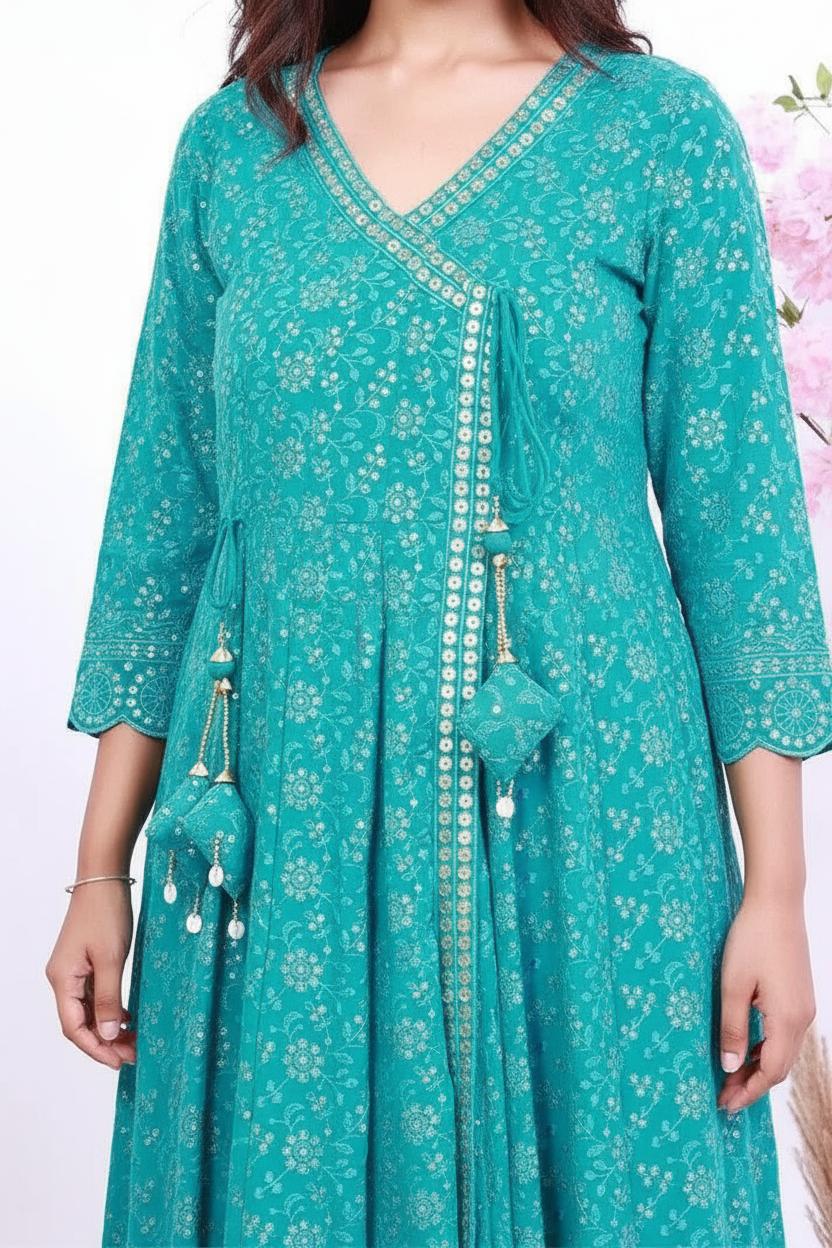 Sea Green Angrakha-Style Embroidered Cut Anarkali Set