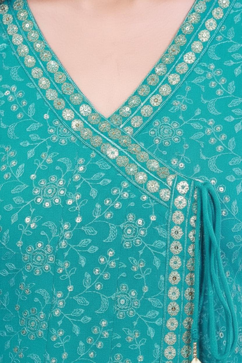 Sea Green Angrakha-Style Embroidered Cut Anarkali Set