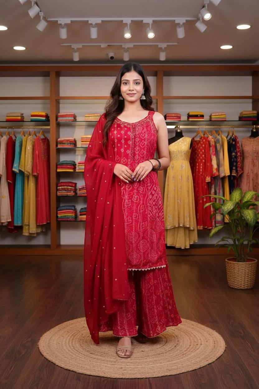 Timeless Red Bandhani Print Sharara Set with Dupatta