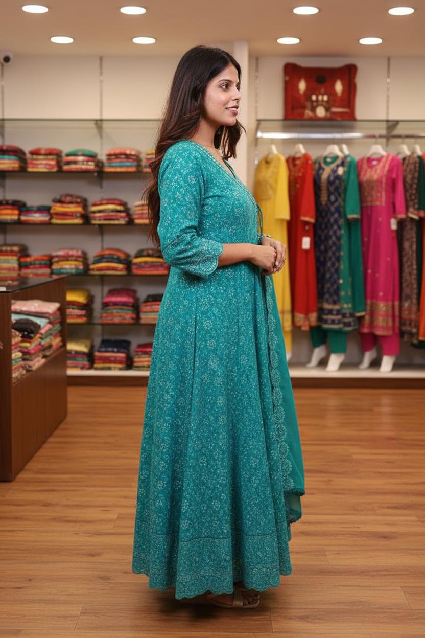 Sea Green Angrakha-Style Embroidered Cut Anarkali Set