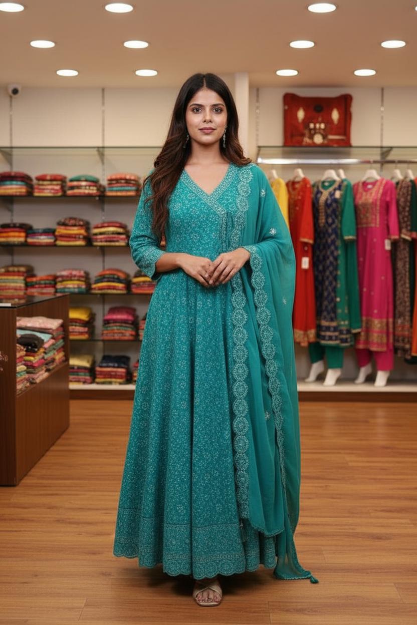 Sea Green Angrakha-Style Embroidered Cut Anarkali Set