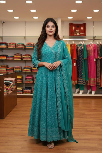 Sea Green Angrakha-Style Embroidered Cut Anarkali Set