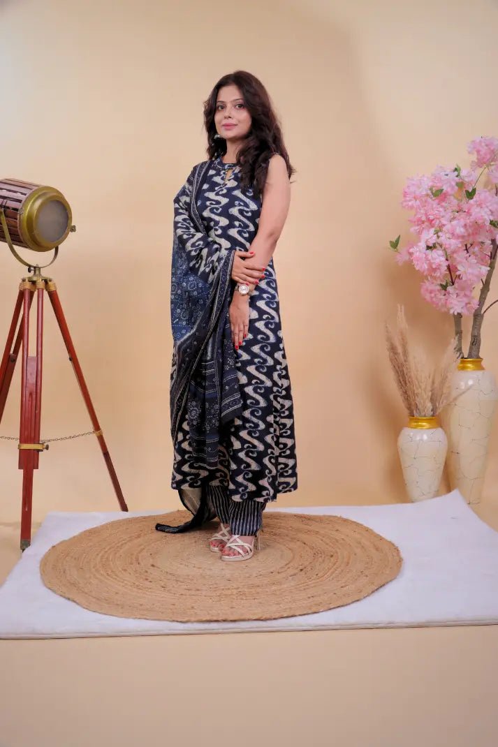 Indigo Ikat Print Sleeveless Kurta Set with Bandhani Dupatta - Qurbat