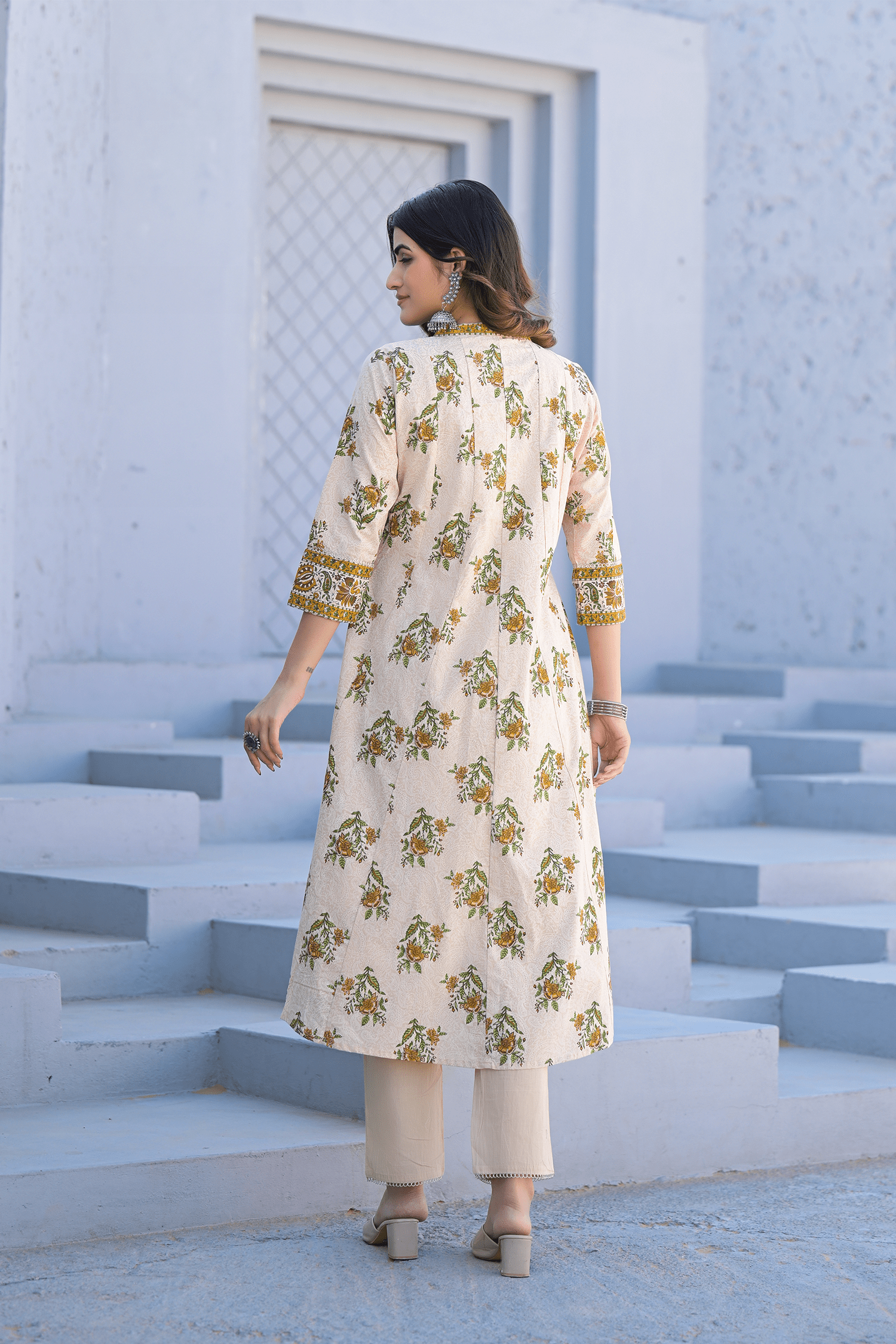 Ivory Bloom Printed Anarkali Suit Set - Qurbat