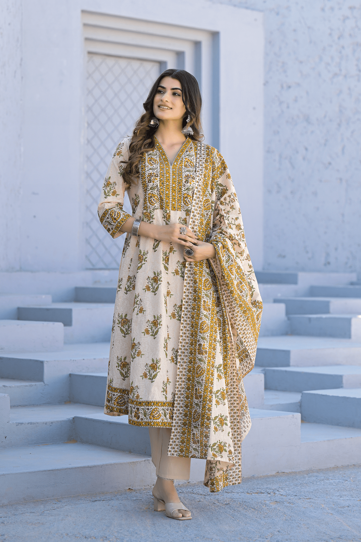 Ivory Bloom Printed Anarkali Suit Set - Qurbat