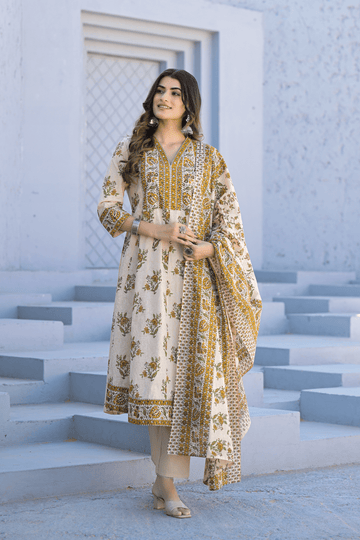 Ivory Bloom Printed Anarkali Suit Set - Qurbat