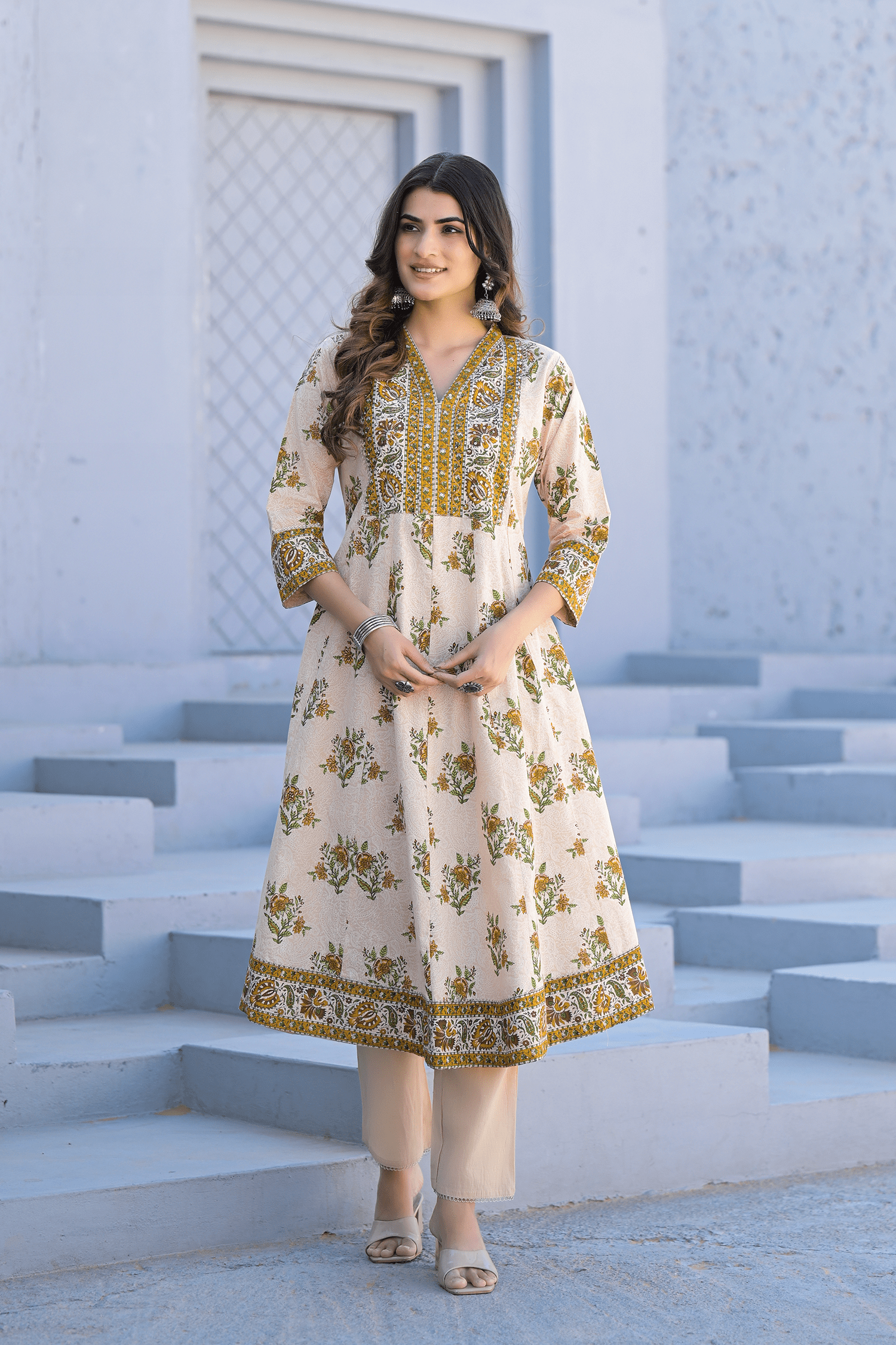 Ivory Bloom Printed Anarkali Suit Set - Qurbat